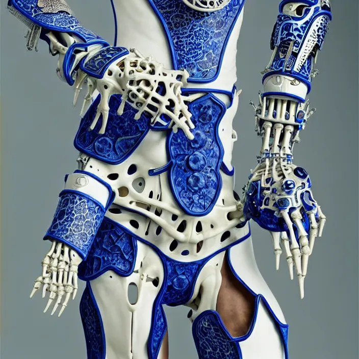 Prompt: bone cyborg armor, chinese blue and white porcelain 1 4 th century, diffuse lighting, fantasy, intricate, elegant, highly detailed, lifelike, photorealistic, digital painting, artstation, illustration, concept art, smooth, sharp focus, art by john collier and albert aublet and krenz cushart and artem demura and alphonse mucha