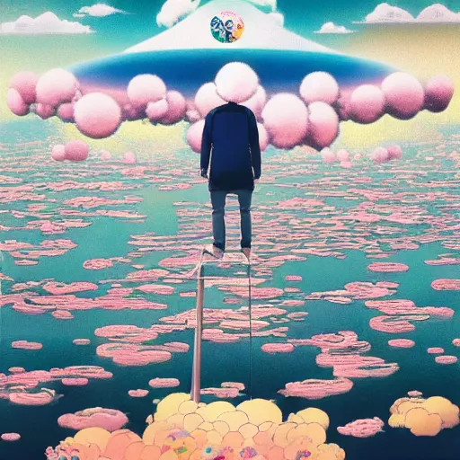 Image similar to a man walking on clouds above kyoto by takashi murakami, beeple and james jean, aya takano color style, 4 k, super detailed