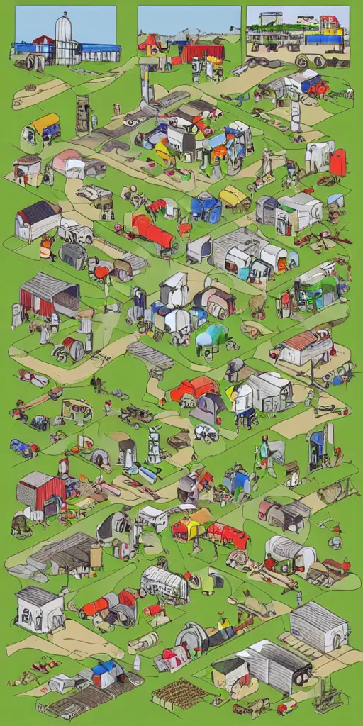 Image similar to Sketch Doodle diagram of different farms and building, industrial buildings, icons, people, tractors, animals, farm land, playful, settlers