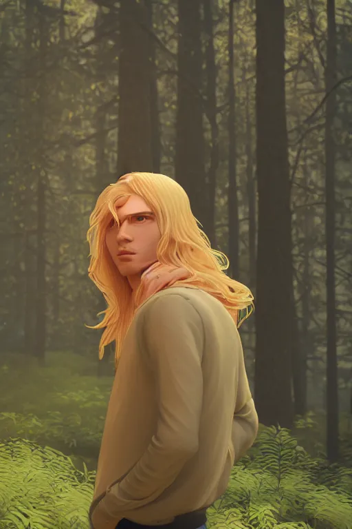 Prompt: pretty young man with long golden blond hair, demure, slender, trees, detailed forest background, webtoon, breathtaking scenery, colourful, 8 k, graphic novel, digital art trending on artstation, volumetric lighting, octane render, cinematic, hyper detailed, magical atmosphere