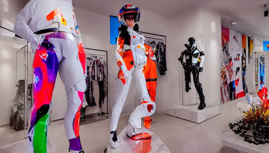 Image similar to extremely beautiful photo of a white marble statue of an anime girl with colorful motocross logos and motorcycle helmet with closed visor, standing in an airy light fashion boutique, large space, colorful smoke in the background, carved marble statue, fine art, neon genesis evangelion, virgil abloh, offwhite, denoise, highly detailed, 8 k, hyperreal