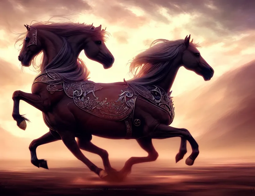Image similar to the proud stallion gallops alone, a beautiful digital painting by wlop, volumetric light, intricate details, by art germ, fantasypunk, amazing d & d art, trending cgsociety, artstation, sharp, amazing wallpaper
