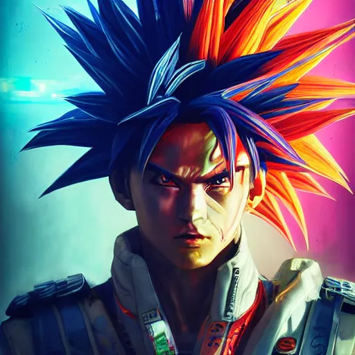 Image similar to a portrait of a neon cyberpunk goku in a racing helment by sandra chevrier, detailed render, epic composition, cybernetics, 4 k realistic, cryengine, realistic shaded lighting, sharp focus, masterpiece, by matteo scalera, gary montalbano, peter elson in the style of the tokyo ghost comic