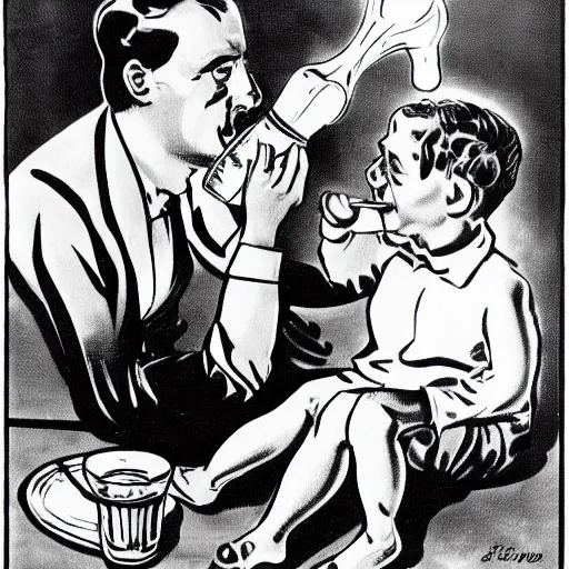 Prompt: communist man drinking champagne, hungry child next to him, soviet propaganda style