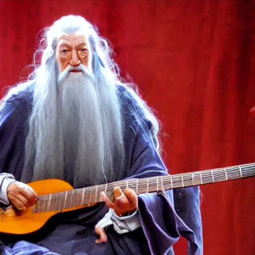 Image similar to gandalf playing the guitar on stage