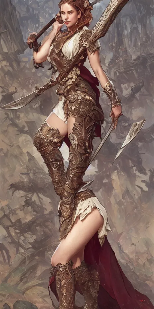 Prompt: full body character sheet of a beautiful girl in a pose wielding a battle axe, d & d, fantasy, intricate, elegant, highly detailed, digital painting, artstation, character concept art, smooth, sharp focus, illustration, art by artgerm and greg rutkowski and alphonse mucha