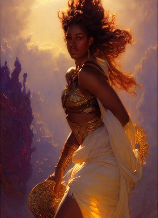 Image similar to young black woman, goddess of light, long flowing hair, smug expression, highly detailed painting by gaston bussiere, craig mullins, j. c. leyendecker 8 k