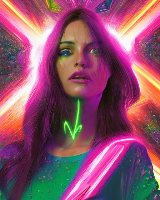 Image similar to a powerful energy psychedelic matrix woman, by alexander fedosav, hyper detailed digital matte painting, concept art, hyperrealism, 1 6 k resolution, cinema 4 d, 8 k resolution, trending on artstation, behance hd, a masterpiece, by stephan martiniere, particles, cel - shaded, power bright neon energy, by david a. hardy,