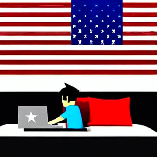 Image similar to American teenager with black hair playing ROBLOX on his computer in his bedroom, USA flag on the wall, France flag on the wall, highly detailed, full room, sad atmosphere, dark room, in the photo realistic