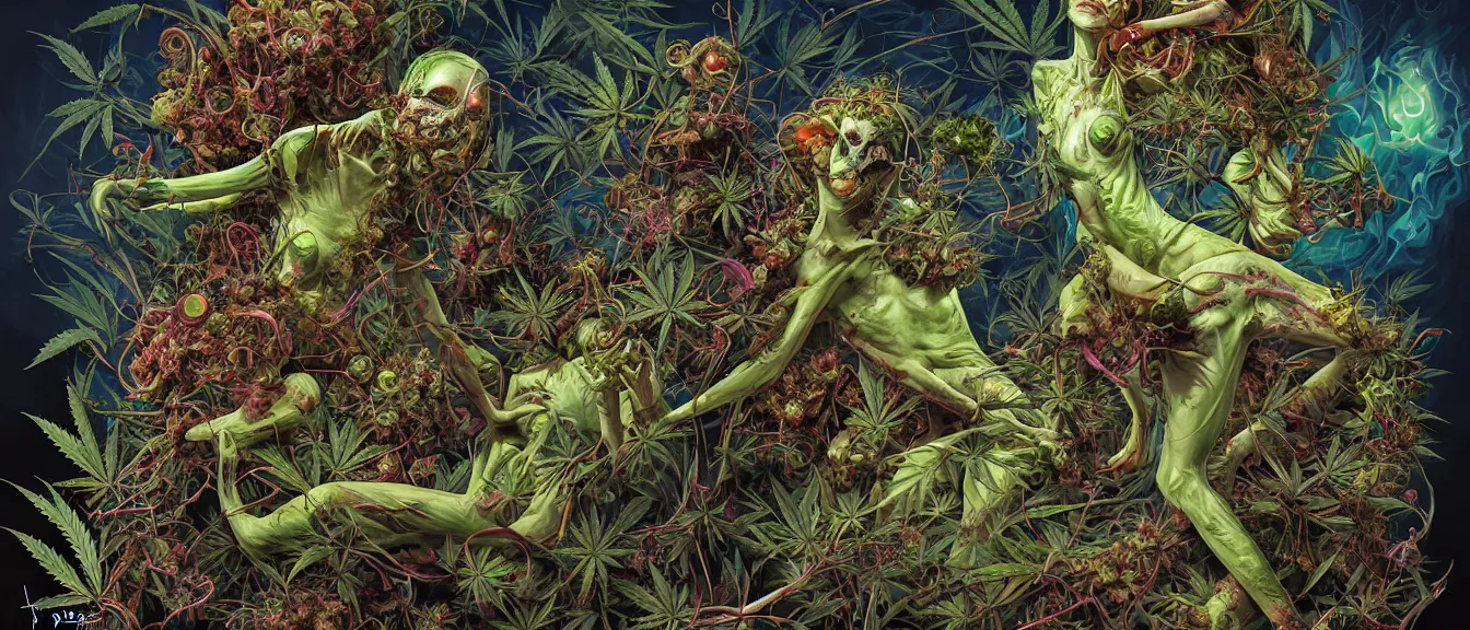 Image similar to cannabis delirium, nightmare anomalies, event horizon, venus flytrap by dariusz zawadzki, kenneth blom, mental alchemy, james jean, pablo amaringo, naudline pierre, contemporary art, hyper detailed