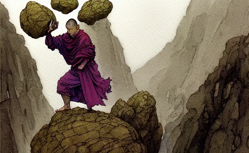 Prompt: a hyperrealist watercolour concept art of a monk levitating a huge rock over his head. it is a misty night on the moors of ireland. by rebecca guay, michael kaluta, charles vess and jean moebius giraud. high detail, hq