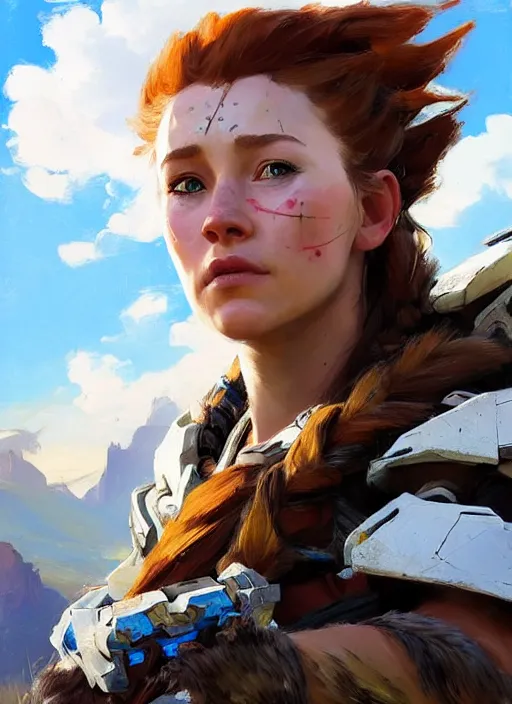 Image similar to portrait of a caucasian Aloy from Horizon Zero Dawn in the style of Apex Legends practicing, countryside, calm, fantasy character portrait, dynamic pose, above view, sunny day, clouds in the sky, artwork by Jeremy Lipkin and Giuseppe Dangelico Pino and Michael Garmash and Rob Rey and Greg Manchess, very coherent asymmetrical artwork, sharp edges, perfect face, simple form, 100mm