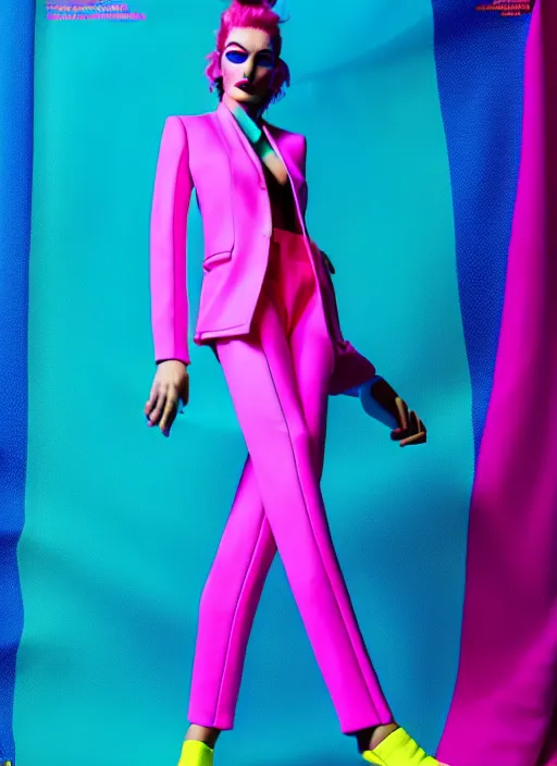 Image similar to bright trouser suit for a rave, bright colors, prints, photo for a magazine, photo for a store, fashion photography, Vogue, 135 mm, cinematic, hyper realism, high detail, 8k, Two models in the frame, dynamic pose,Smooth skin, perfect face