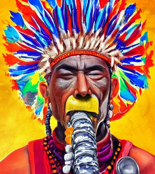 Image similar to Painting of a shaman dressed in a colorful traditional clothes. He is smoking a pipe. From the pipe there is a whole universe escaping and filing the sky