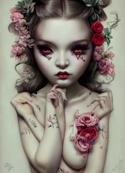 Image similar to pop surrealism, lowbrow art, realistic seductive cute woman painting, long hair, japanese shibari with flowers, hyper realism, muted colours, rococo, natalie shau, loreta lux, tom bagshaw, mark ryden, trevor brown style,