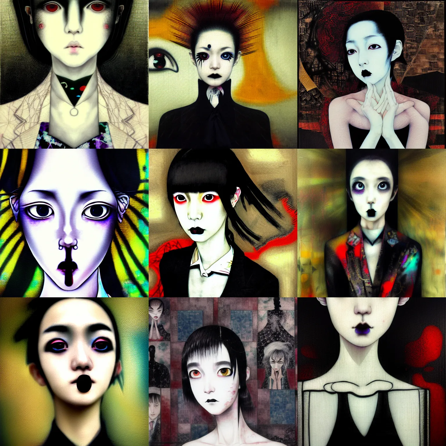 Image similar to yoshitaka amano blurred and dreamy realistic three quarter angle portrait of a young woman with black lipstick and black eyes wearing dress suit with tie, junji ito abstract patterns in the background, satoshi kon anime, noisy film grain effect, highly detailed, renaissance oil painting, weird portrait angle, blurred lost edges