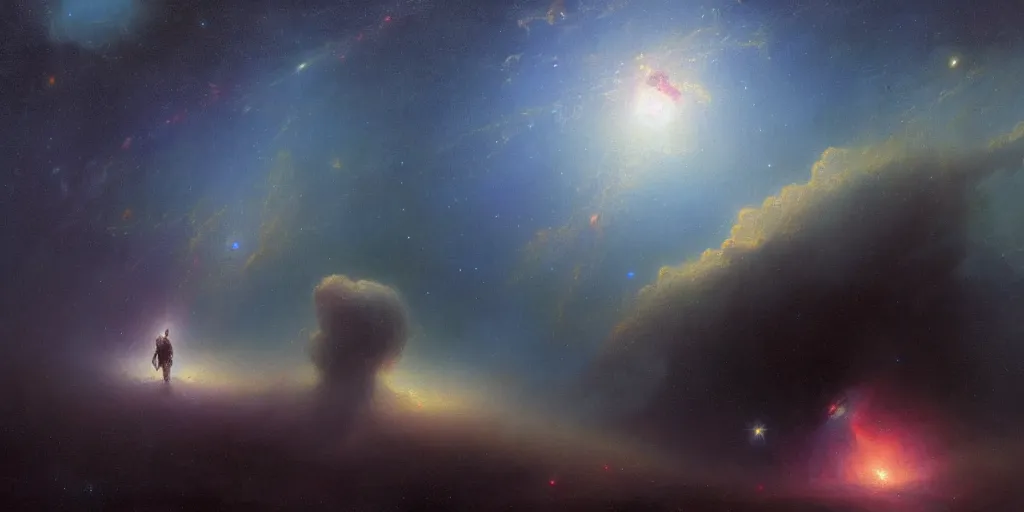 Prompt: an android reaches out to a cosmic nebula, by ivan aivazovksy, trending on artstation