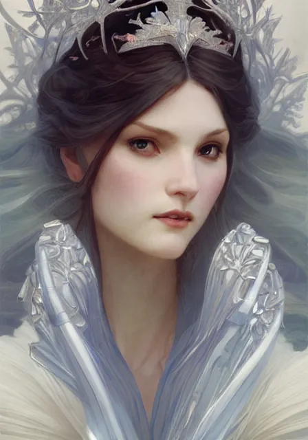 Image similar to ice queen, intricate, elegant, highly detailed, digital painting, artstation, concept art, smooth, sharp focus, illustration, art by artgerm and greg rutkowski and alphonse mucha and william - adolphe bouguereau