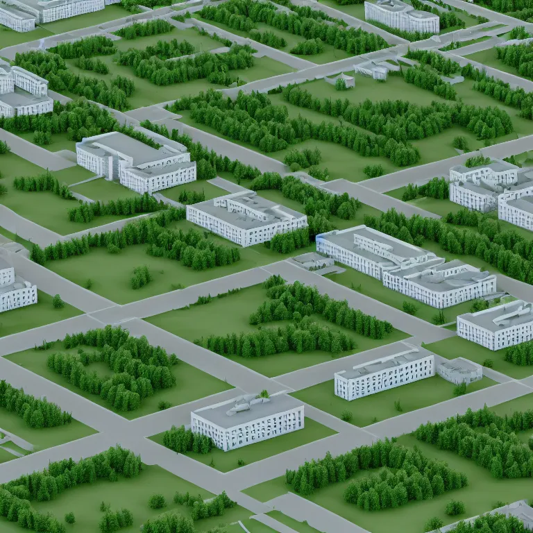 Image similar to Photo of one-point perspective to the center of the frame, ground level view of soviet town, infinitely long soviet panel buildings. A perfect green lawn in the center of the frame. High detail, details, ultra realistic render, octane, 3D, photorealism, symmetric, cloudless-crear-sky, cinematic