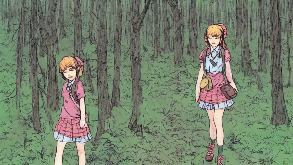 Image similar to cute schoolgirl walk in the forest, in style of katsuya terada,