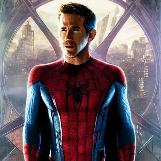 Image similar to ryan reynolds as spider - man, wearing a black and blue suit, cinematic, volumetric lighting, f 8 aperture, cinematic eastman 5 3 8 4 film, photorealistic by greg rutkowski, by stanley artgerm, by alphonse mucha