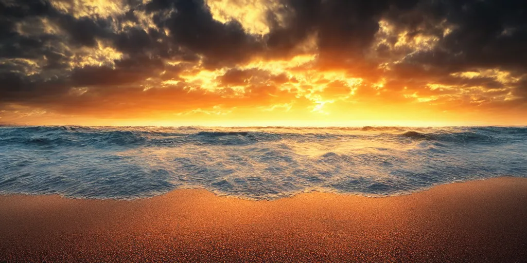 Image similar to Australian Beach, ripples, waves, sea foam, and sunset. light and shadow, rain, volumetric lighting, beautiful, golden hour, sharp focus, highly detailed, cgsociety