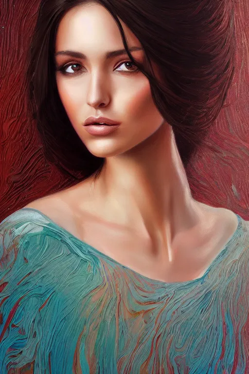 Image similar to beautiful portrait face centre oil on canvas of brunette with wavy hair Ebru Şahin, Reyyan, intricate, elegant, highly detailed, artstation, concept art, sharp focus, art by Alina Ivanchenko, Rob Ross, WLUP, artgerm