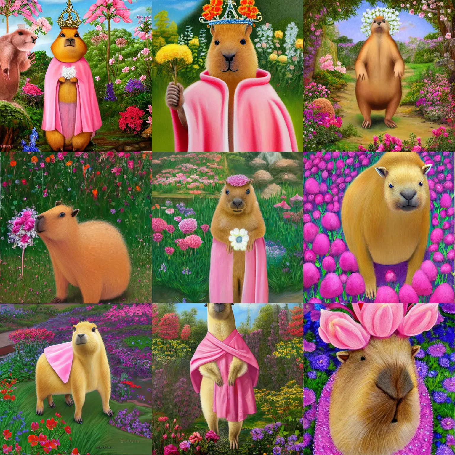 Prompt: anatomically correct capybara wearing a light pink cape and a crystal crown in a beautiful flower garden, highly detailed oil painting