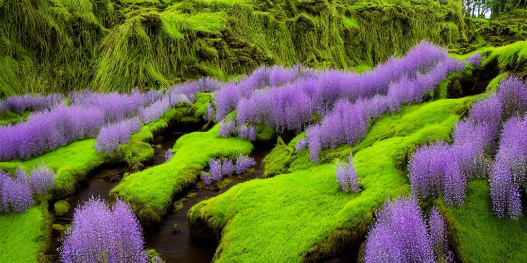 Image similar to photo of a landscape with lush forest nad flowers, wallpaper, very very wide shot, iceland, new zeeland, green flush moss, national geographic, award landscape photography, professional landscape photography, waterfall, stream of water, wisteria flowers, big sharp rock, ancient forest, primordial, sunny, day time, beautiful