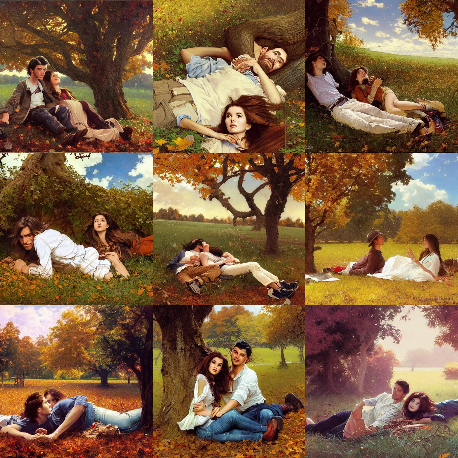 Image similar to long shot of young man and woman with long brown hair, laying under a tree looking at clouds autumn, ( ( ( wearing jeans ) ) ), by stanley artgerm lau, greg rutkowski, thomas kindkade, alphonse mucha, loish, norman rockwell