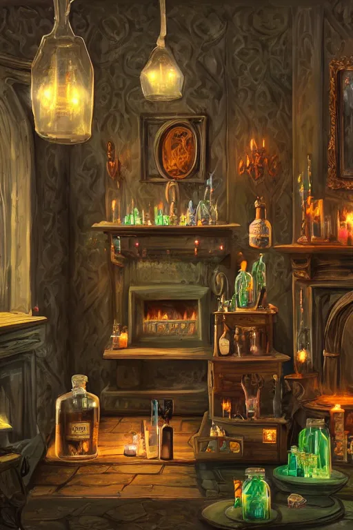 Image similar to a matte painting gothic counter parlor with bottles of potions and flickering candles colorful by, tyler edlin