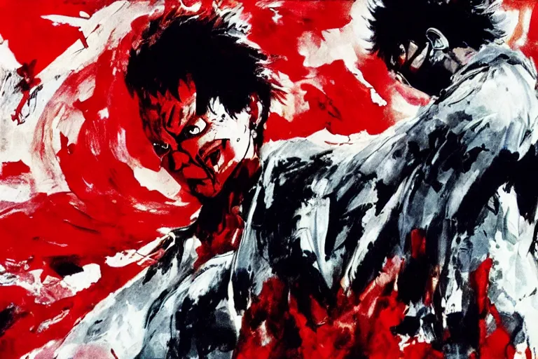 Image similar to movie screenshot of akira ( 1 9 8 8 ) tetsuo in a white superhero suit / mask and red cape, by ashley wood, yoji shinkawa, 6 0's french movie poster, french impressionism, palette knife and wide brush strokes, black and white only