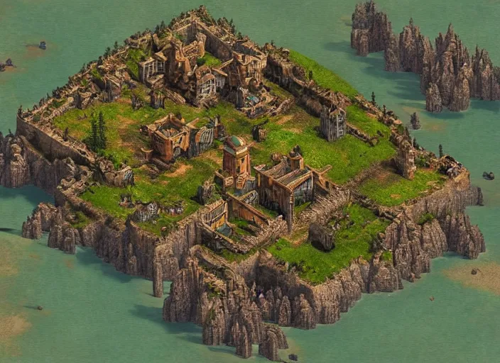 Image similar to isometric map of age of empires video game, procedural, top down, AOE2 , civilization, river, forest, cave, mountain, game level, map, woods, hills, buildings, snow, , digital art,realistic,detailed,art by greg rutkowski