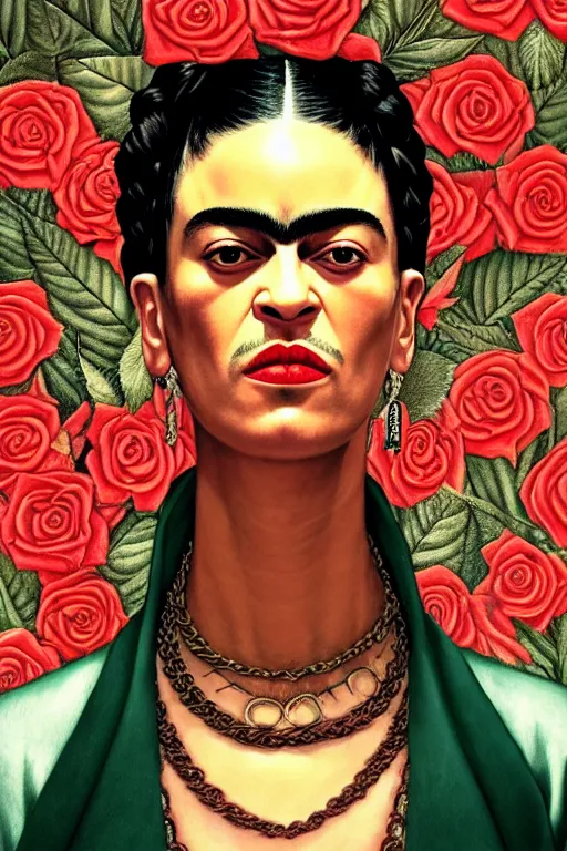 Image similar to rap album cover featuring frida kahlo wearing gangster thug outfit, staring directly into camera, intricate, elegant, dramatic lighting, highly detailed, digital painting, artstation, sharp focus, illustration, art by wlop, mars ravelo and greg rutkowski, roses replaced by weed buds, album cover, parental advisory