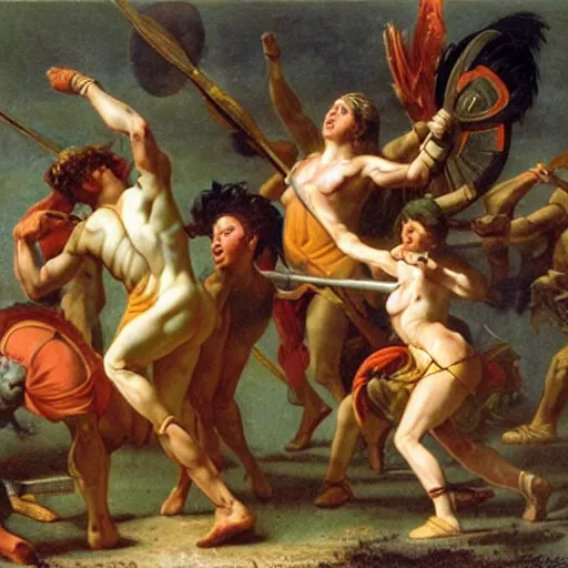 Image similar to muscular warrior women, amazonian warrior women, women fighting men, muscular men, spartan warrior men, clashing in bloody field, art by jacques - louis david