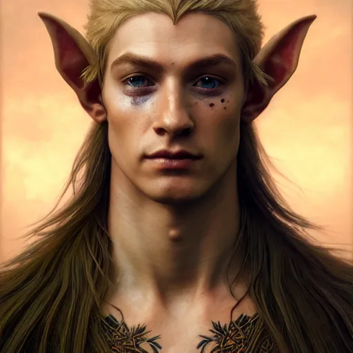 Image similar to portrait painting of a young elven man with a soft face and short light orange hair and tribal tattoos on his face wearing feather armor, ultra realistic, concept art, intricate details, eerie, highly detailed, photorealistic, octane render, 8 k, unreal engine. art by artgerm and greg rutkowski and charlie bowater and magali villeneuve and alphonse mucha