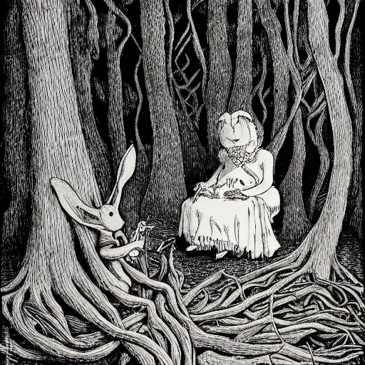 Image similar to a deep dark tangled forest, a white rabbit smoking a cigarette while reclining, a lingering smoke cloud, childrens illustration, by edward gorey, by gustav dore