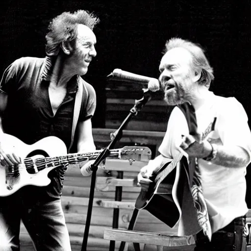 Image similar to Photo of Bruce Springsteen and Neil Young jamming on stage at a festival