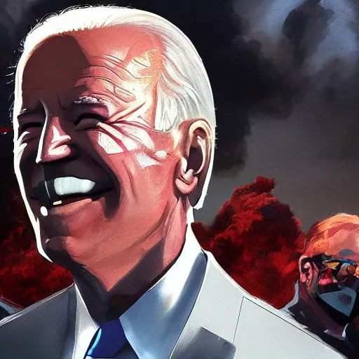 Image similar to joe biden smiling with blood in his face while behind him the world is burning, dramatic lighting, cinematic, establishing shot, extremly high detail, photorealistic, cinematic lighting, artstation, style by James Gurney