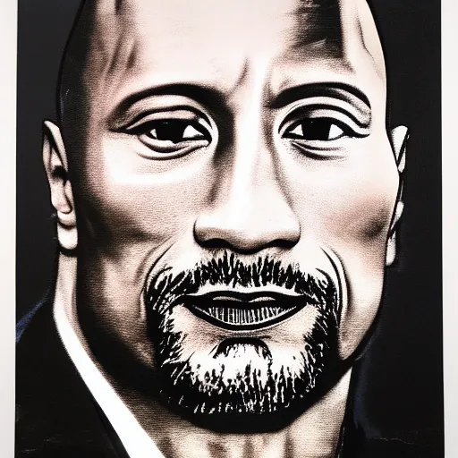 Image similar to a portrait of Dwayne Johnson, made by Andy Warhol, two tone, very high contrast, only black and white, simplistic, extremely high contrast, two tone, notan art, by Andy Warhol, minimalistic,