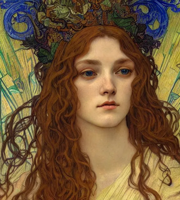 Image similar to detailed realistic beautiful young medieval queen face portrait by jean delville, alphonse mucha, vincent van gogh, and marco mazzoni, art nouveau, symbolist, visionary, gothic, pre - raphaelite