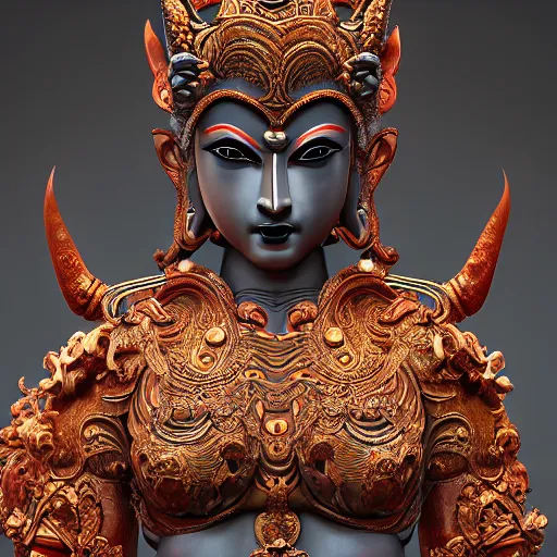 Image similar to naraka buddhist demon korean female, highly detailed, symmetrical long head, smooth marble surfaces, detailed ink illustration, raiden metal gear, cinematic smooth stone, deep aesthetic, concept art, post process, 4 k, carved marble texture and silk cloth, latex skin, highly ornate intricate details, in the style of 8 8 grzes