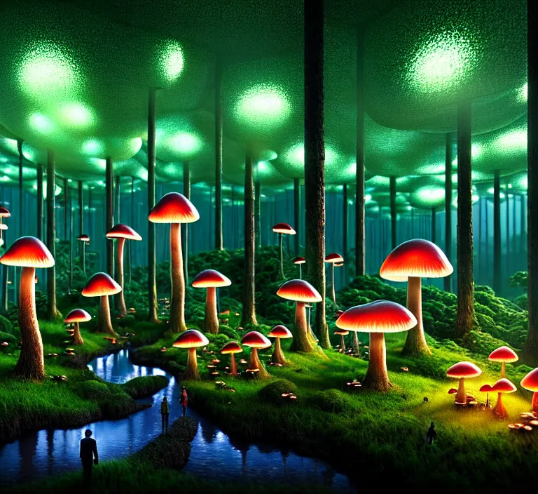 Image similar to hyperrealism photography hyperrealism concept art of highly detailed glowing with a million different species of mushrooms in forest at night highly detailed futuristic ( fantasycore ) city by wes anderson and hasui kawase and scott listfield sci - fi style hyperrealism rendered in blender and octane render volumetric natural light