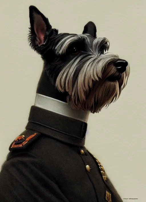 Image similar to portrait of stoic looking miniature schnauzer, military uniform, black fir, white eyebrows, fantasy, intricate, elegant, highly detailed, centered, dark, smokey, digital painting, artstation, concept art, smooth, sharp focus, illustration, art by artgerm and greg rutkowski and alphonse mucha