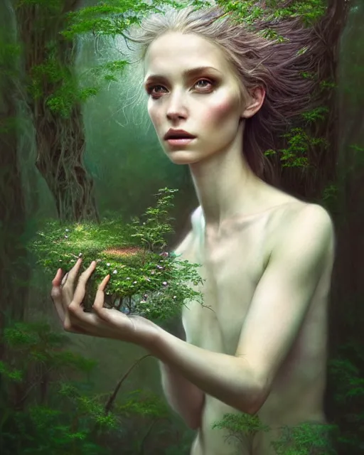 Prompt: portrait of a beautiful forest fairy, sweet, graceful, esoteric, muted colors, head in focus, fantasy art, fairy aesthetics, intricate, elegant, highly detailed, hyperrealistic painting, artstation, concept art, painterly, sharp focus, hasselbrad photography, illustration, art by scot howden