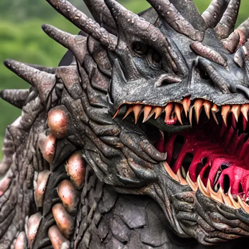 Prompt: a close up of a dragon with teeth bearing down on you