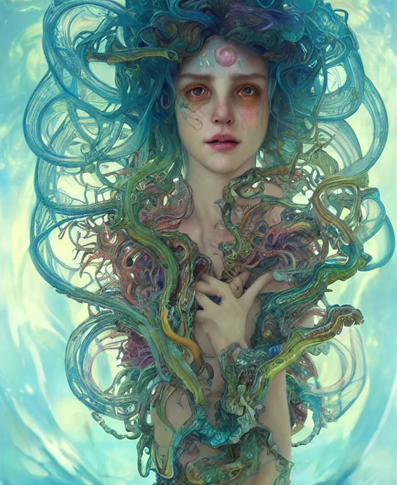 Image similar to ornate colorful transparent portrait of a terrifying beautiful alien sea creature, mottled coloring, adorable, childlike, horror environment, ultra realistic, concept art, art nouveau, photorealistic, octane render, 8 k, unreal engine. art by christopher marley and artgerm and greg rutkowski and alphonse mucha