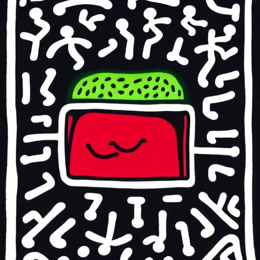 Image similar to wagyu beef sandwich, illustration by keith haring