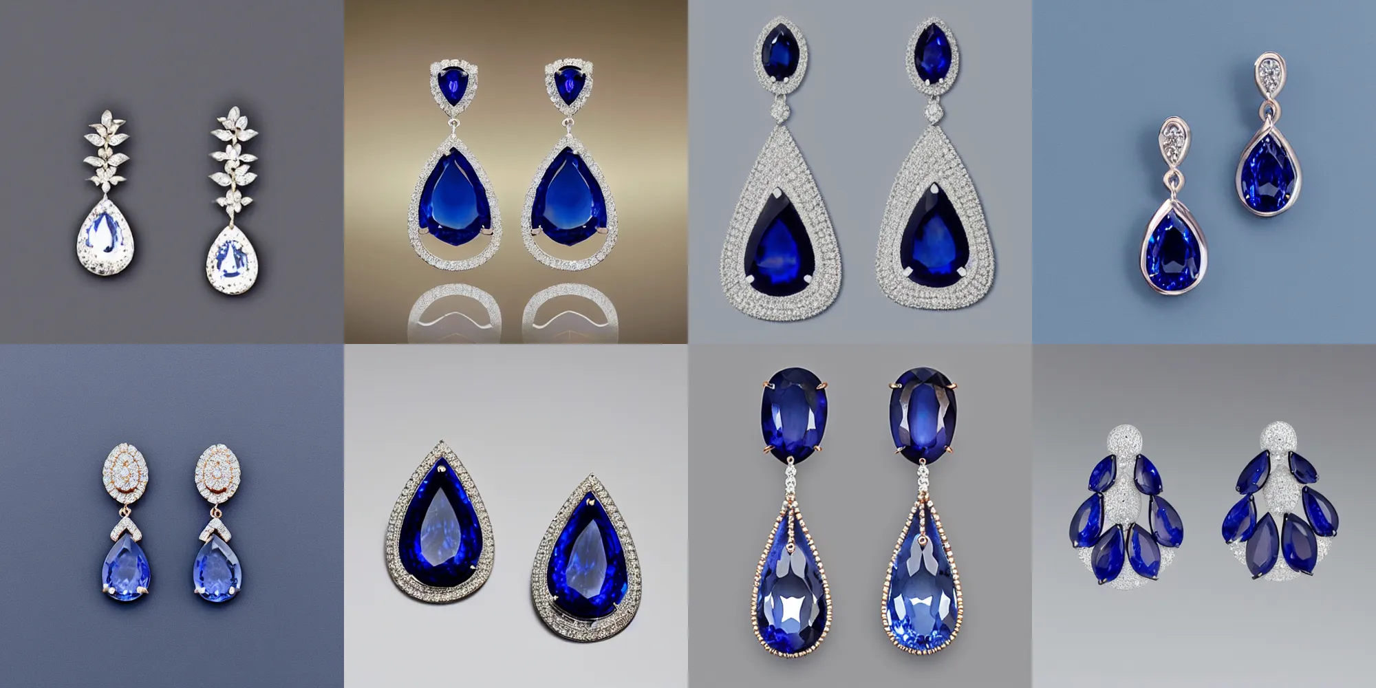 Prompt: a pair of tear drop sapphire earrings