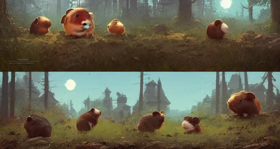 Image similar to a realistic cute guineapigs everywhere, by simon stalenhag, frank frazetta, greg rutkowski, beeple, yoko taro, christian macnevin, beeple, epic fantasy character art, volumetric outdoor lighting, midday, high fantasy, cgsociety, cheerful colours, full length, exquisite detail, post - processing, masterpiece, cinematic